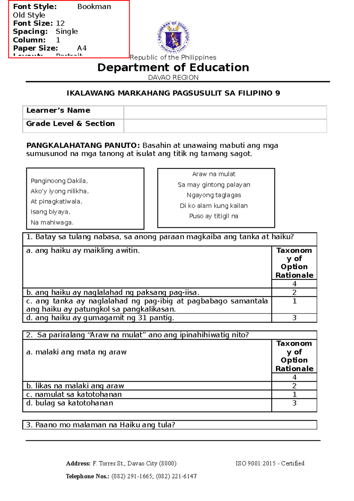 Test Question Set for Filipino 9: Edited Q8, 22, and 40 - Studocu