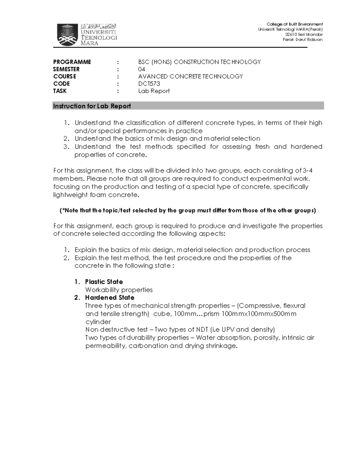 DCT573 Lab Report: Lightweight Foam Concrete Mix Design & Testing - Studocu