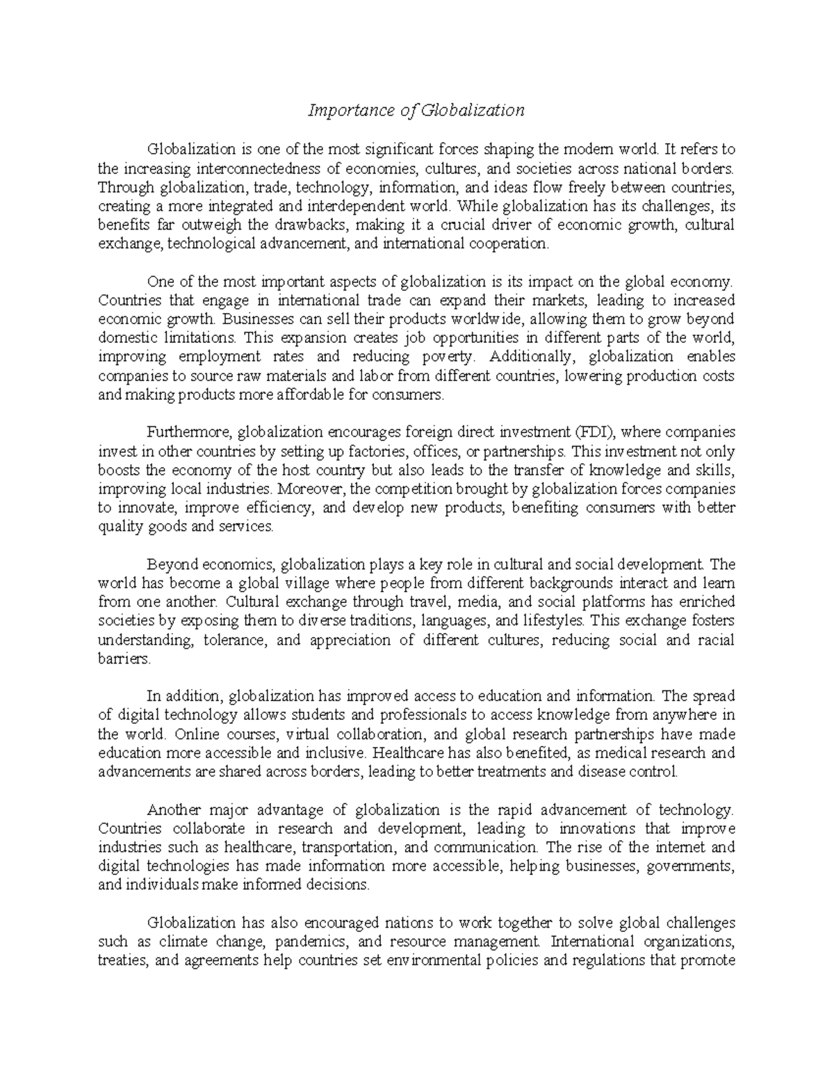 Globalization's Role in Economic Growth and Cultural Exchange - Studocu