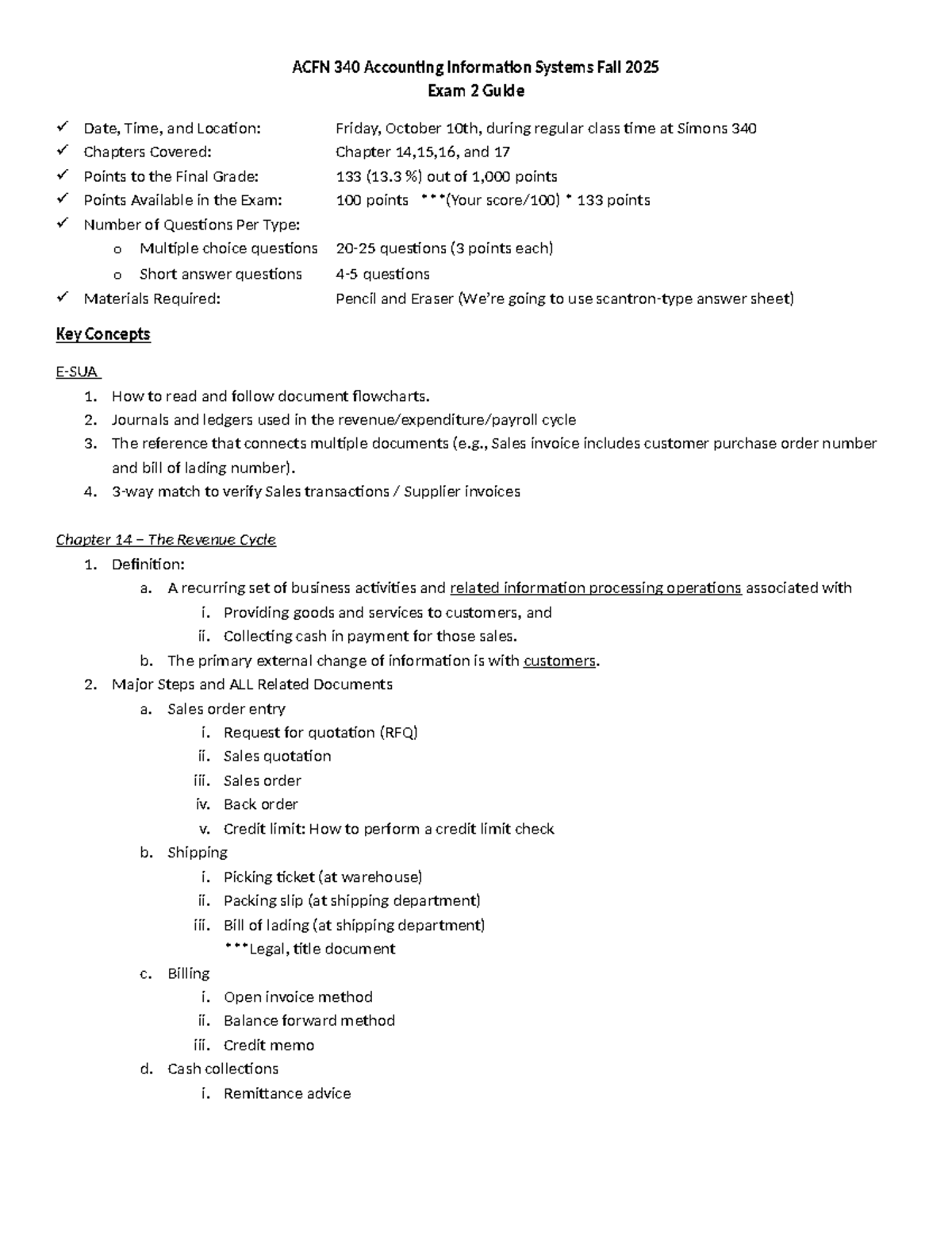 ACFN 340 Exam 2 Study Guide: Accounting Info Systems Fall 2025 - Studocu