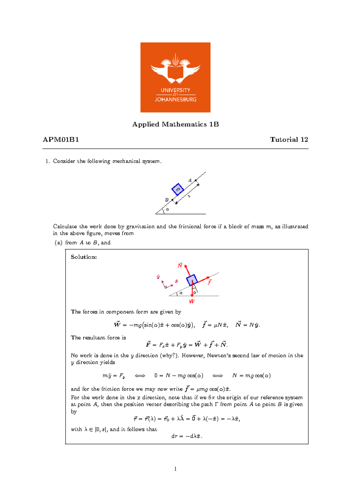 2024apm01a1 t12 solutions - Applied Mathematics 1B APM01B1 Tutorial 12 ...
