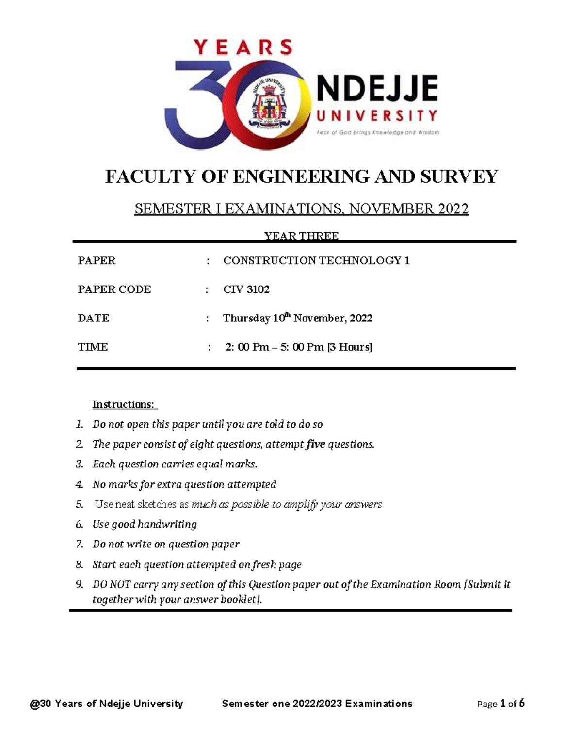 CIV 3102 Construction Technology 1 Final Exam - November 2022 - Studocu