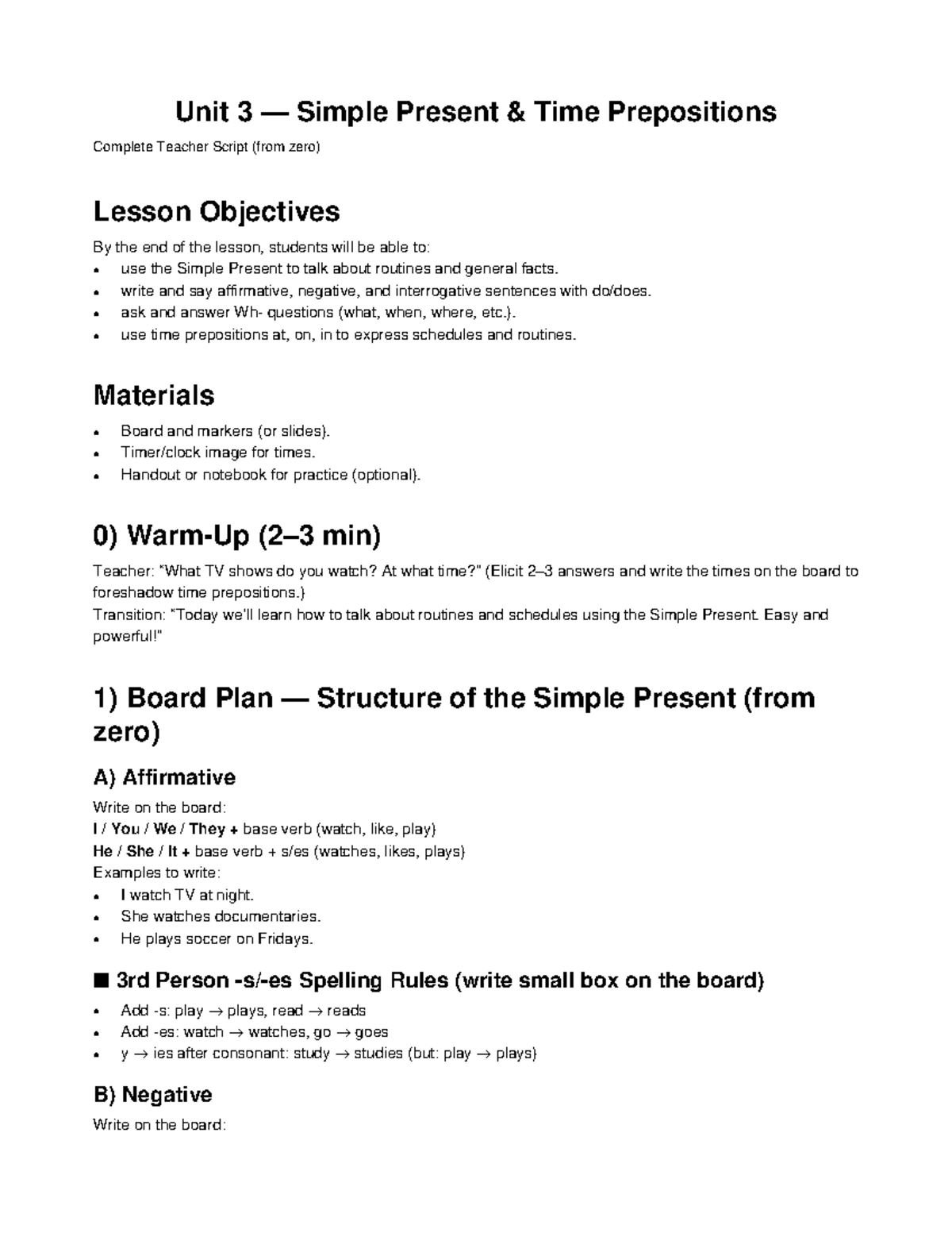 Unit 3 Simple Present & Time Prepositions Lesson Plan EN - Studocu