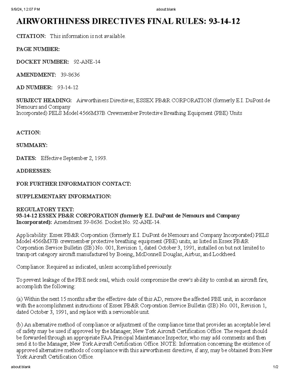 AIRWORTHINESS DIRECTIVE FINAL RULES: FAA 93-14-12 - Essex PBE Units ...