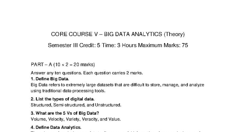 CORE COURSE V BIG DATA ANALYTICS (Theory) Full Answers Guide - Studocu
