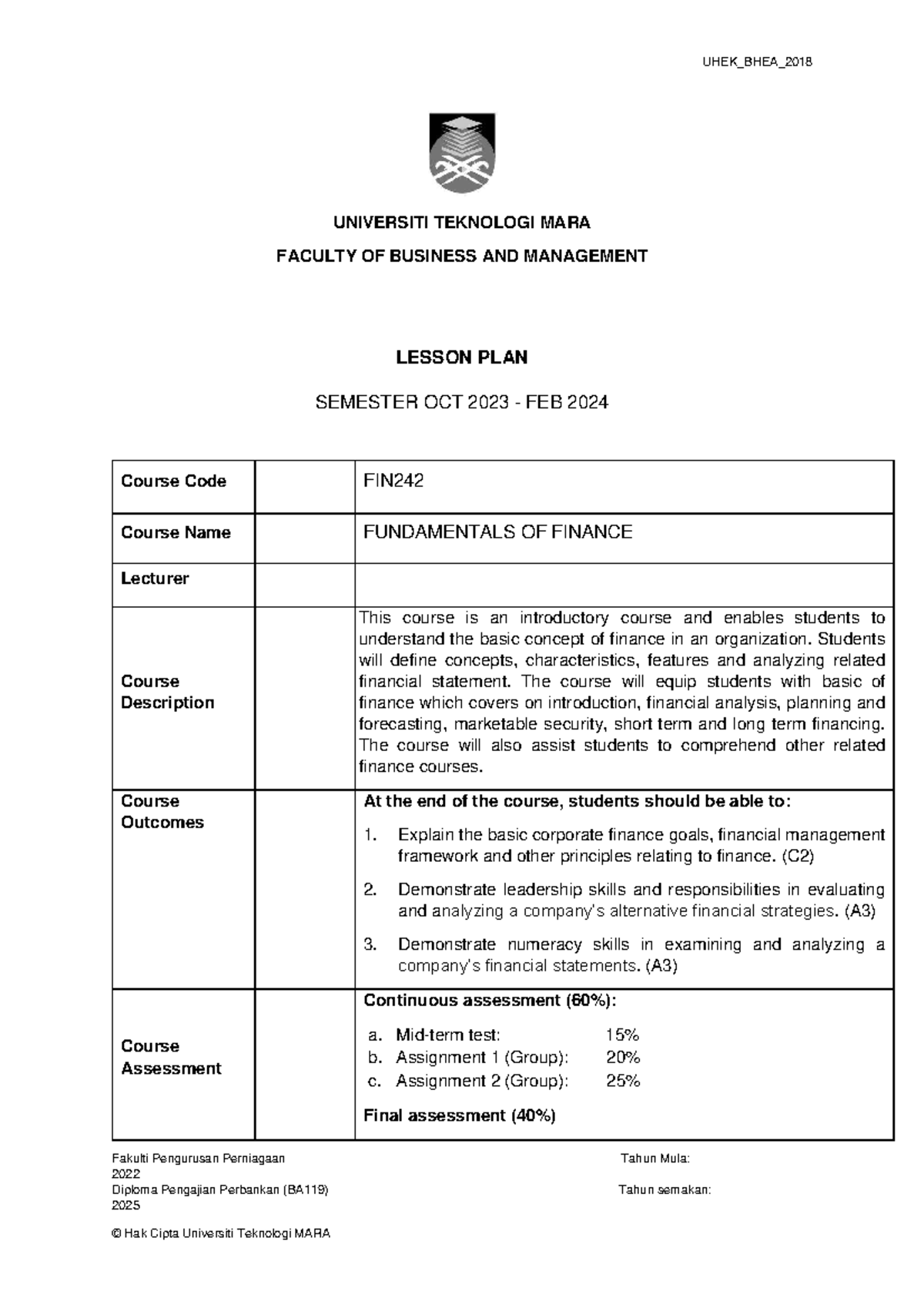 UHEK_BHEA_2018 FIN242 Lesson Plan: Fundamentals of Finance (Oct 2023 ...