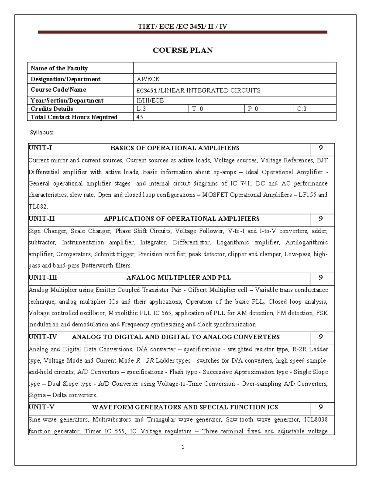 ECE II IV Course Plan: Integrated Circuits Overview and Syllabus - Studocu