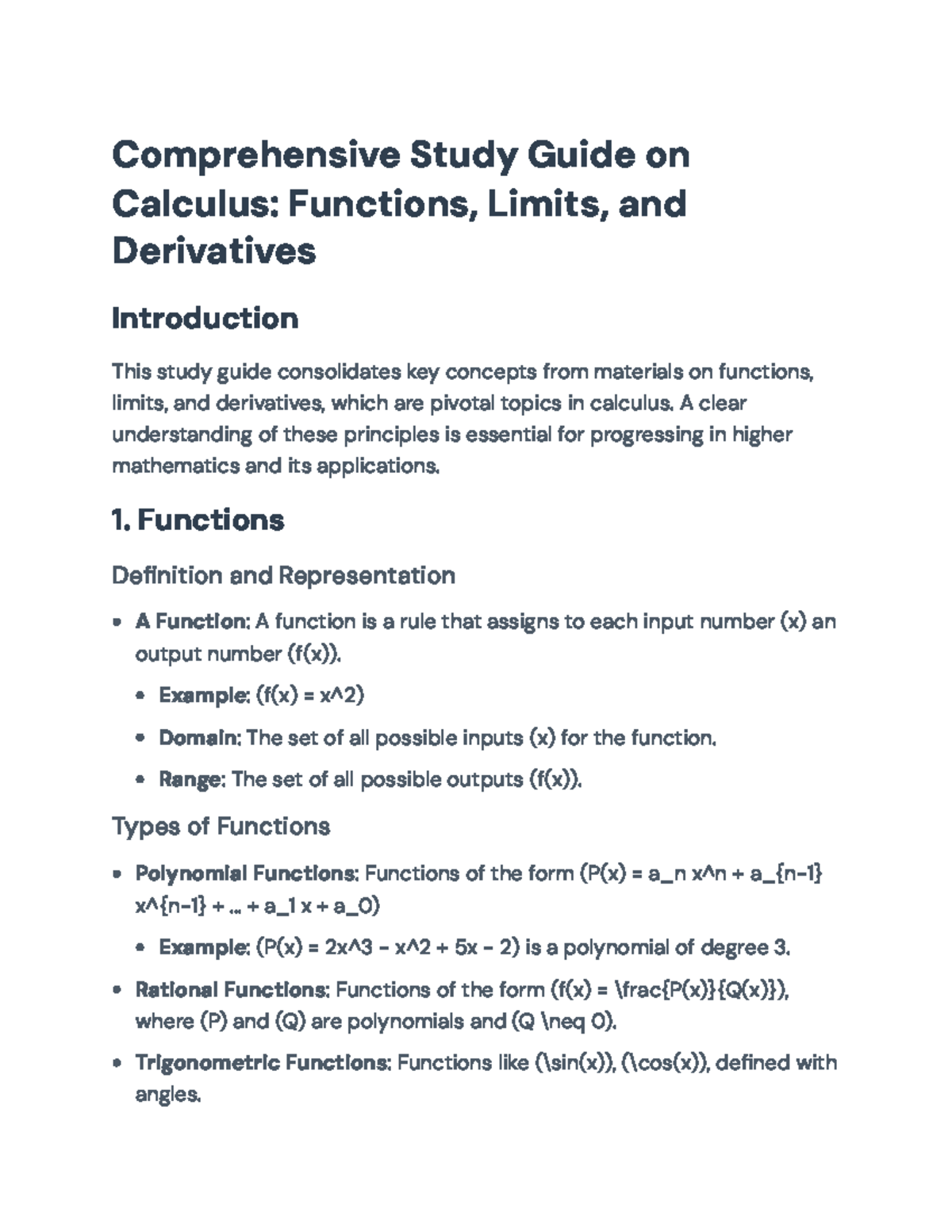 Comprehensive Calculus Study Guide: Functions, Limits & Derivatives ...