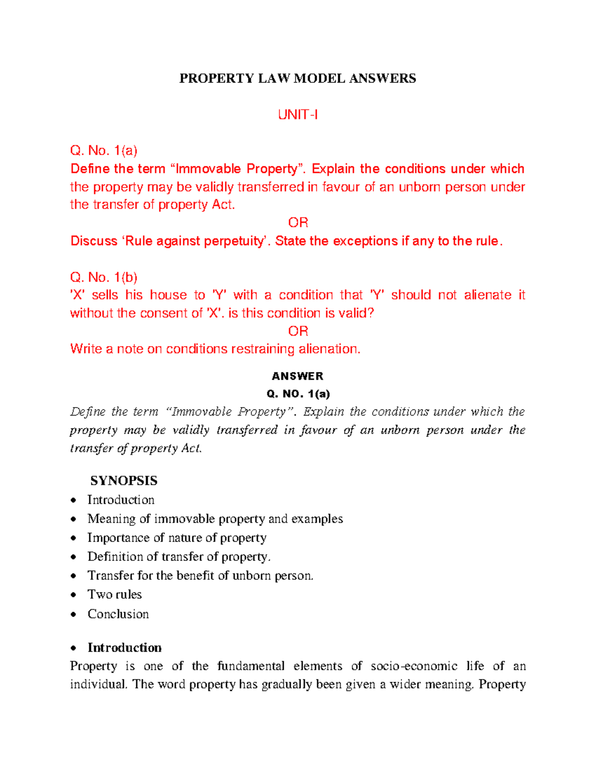 Property Law Model Answers - Alameen College (Final Exam) - Studocu