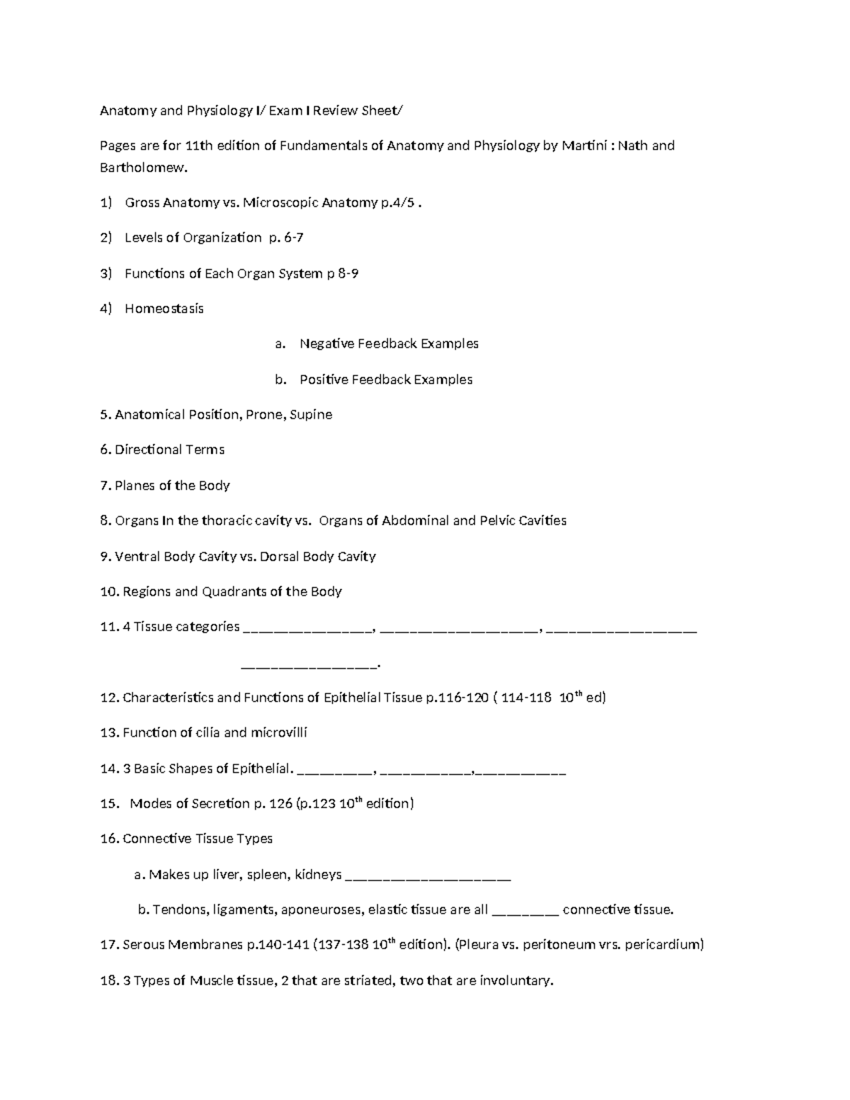 A-P Test 1 Review Sheet - Anatomy and Physiology I/ Exam I Review Sheet ...
