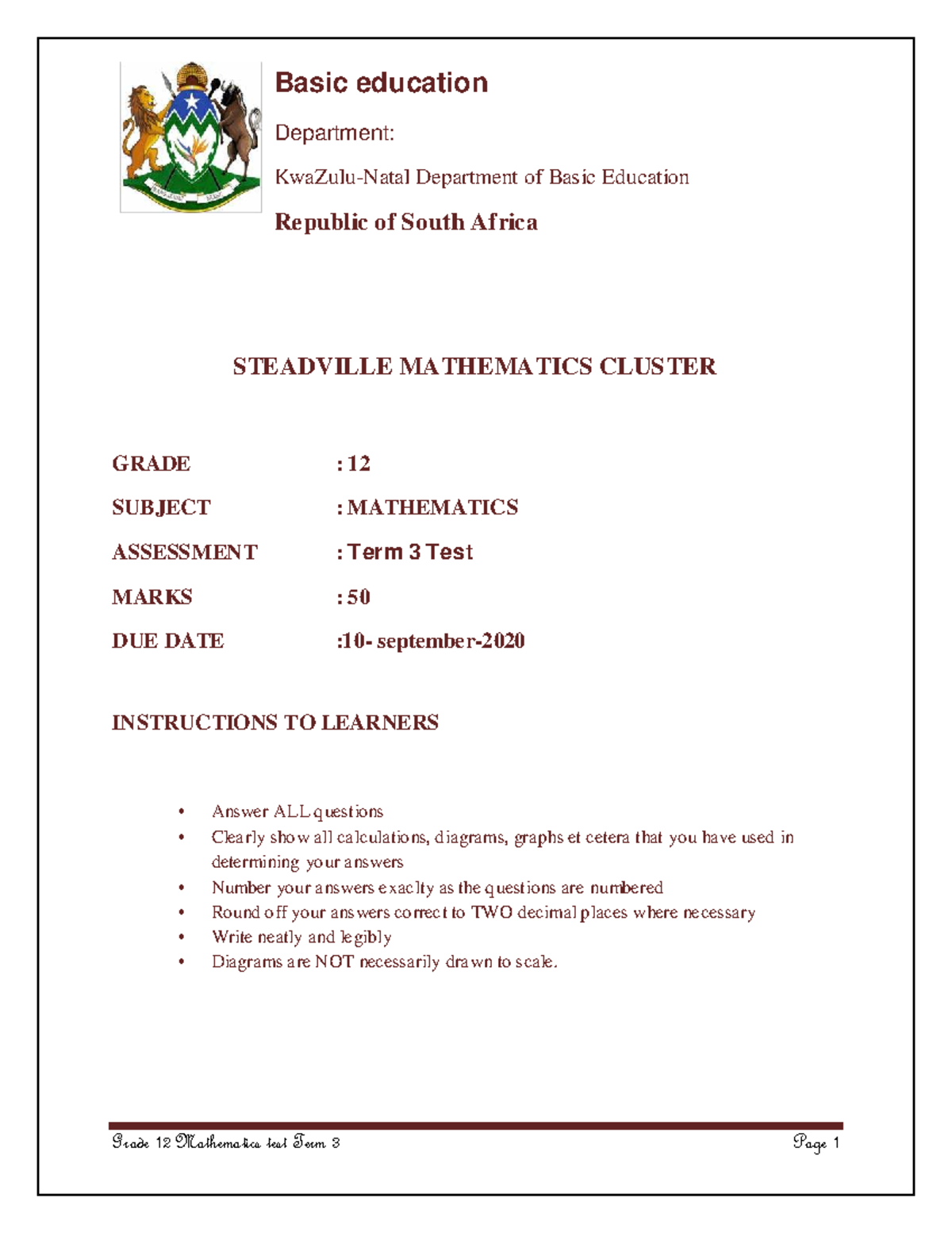 Grade 12 Mathematics Term 3 Test Study Material - Studocu