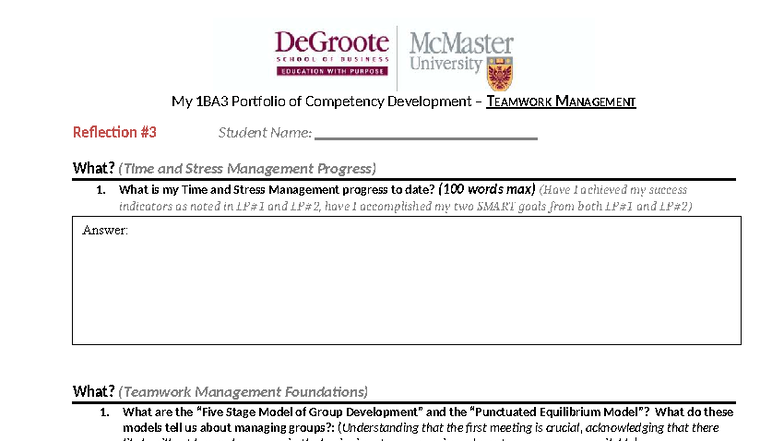 1BA3 Teamwork Management Reflection & Competency Development Portfolio ...