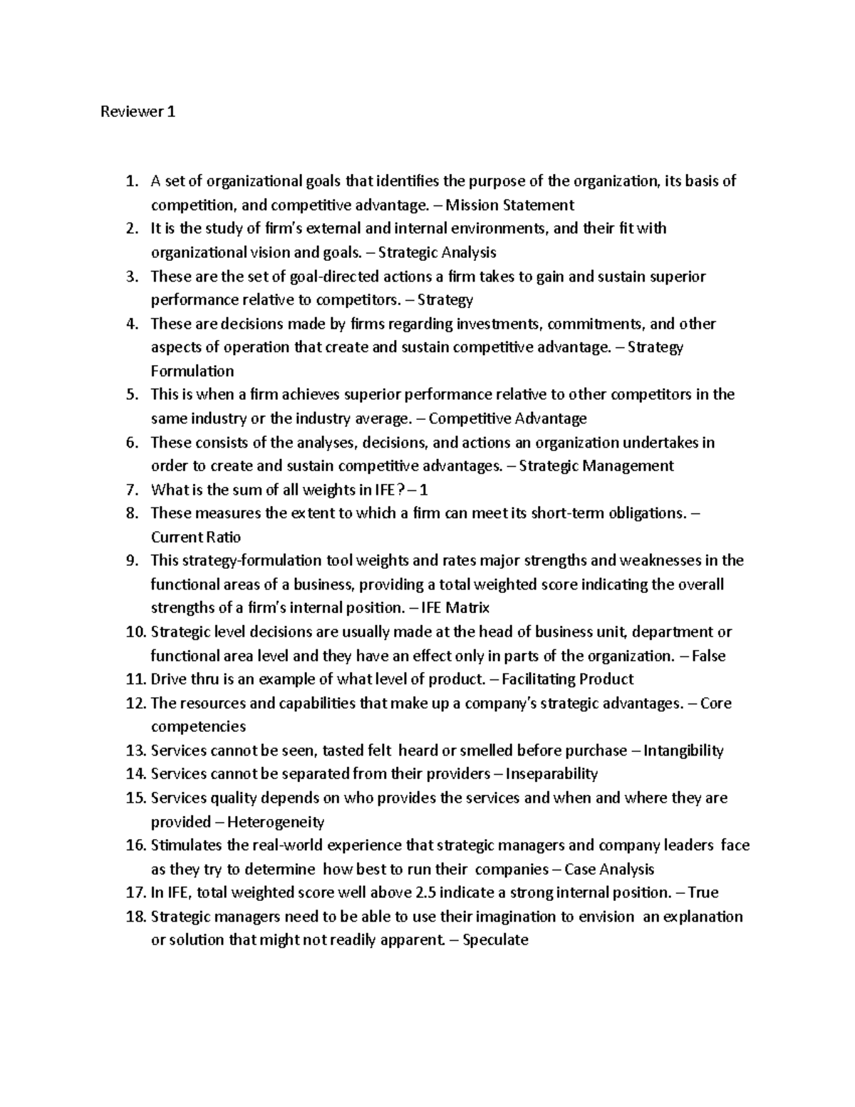 Strategic Management Q&A Review - Reviewer 1 - Studocu