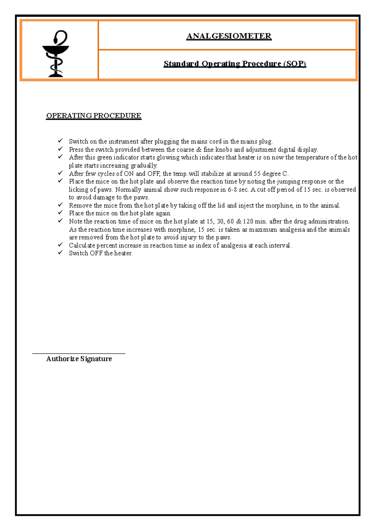 Analgesiometer SOP for Pain Assessment Procedures - Studocu