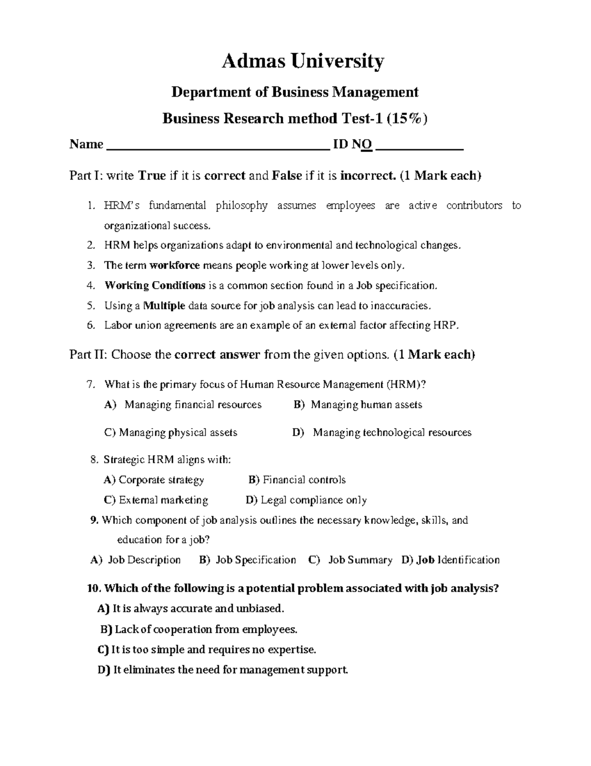 HRM 101: Business Research Method Test 1 - True/False & MCQs - Studocu