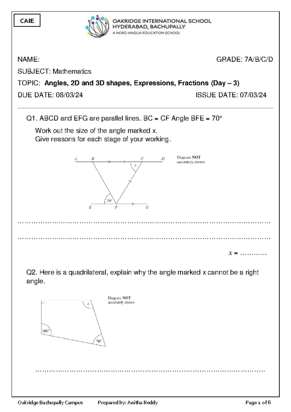 7 CAIE SA3 MATH Revision Worksheet: Angles, Shapes & Expressions - Studocu