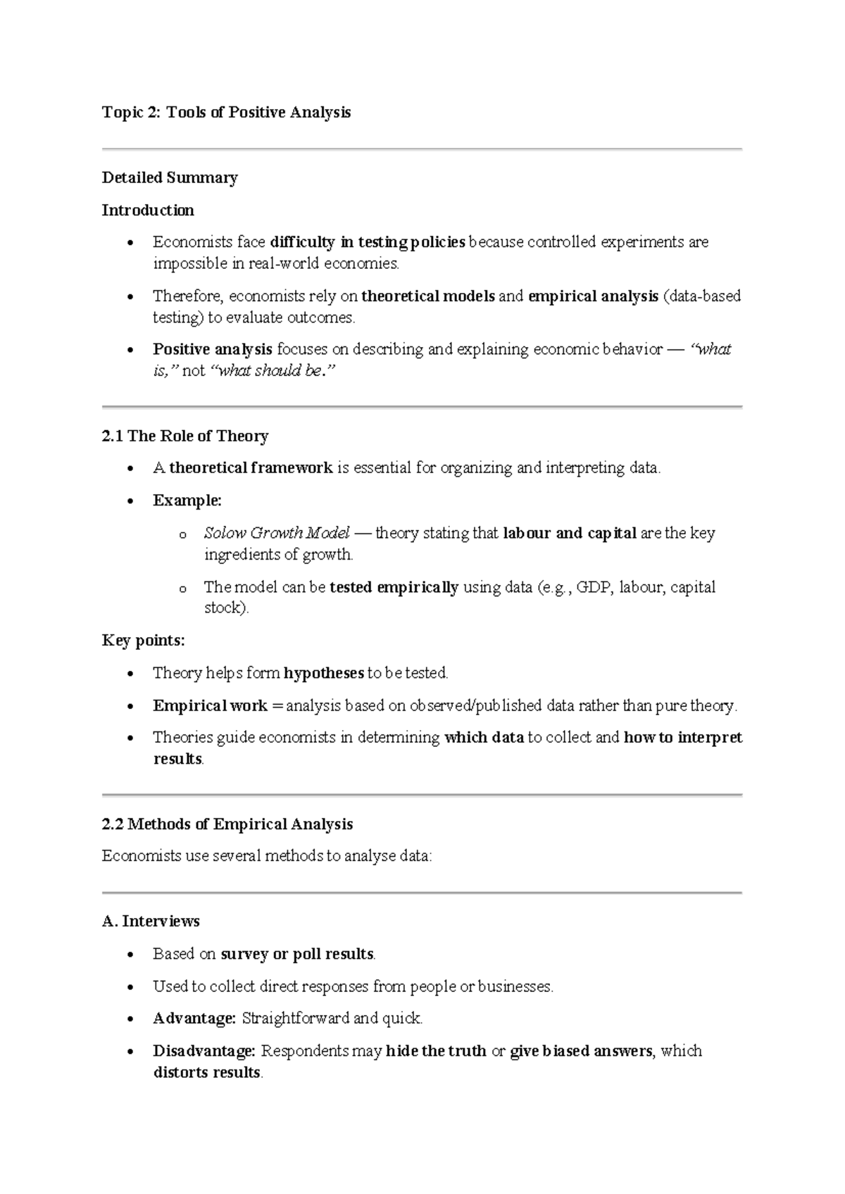 Topic 2: Tools of Positive Analysis - Detailed Summary - Studocu