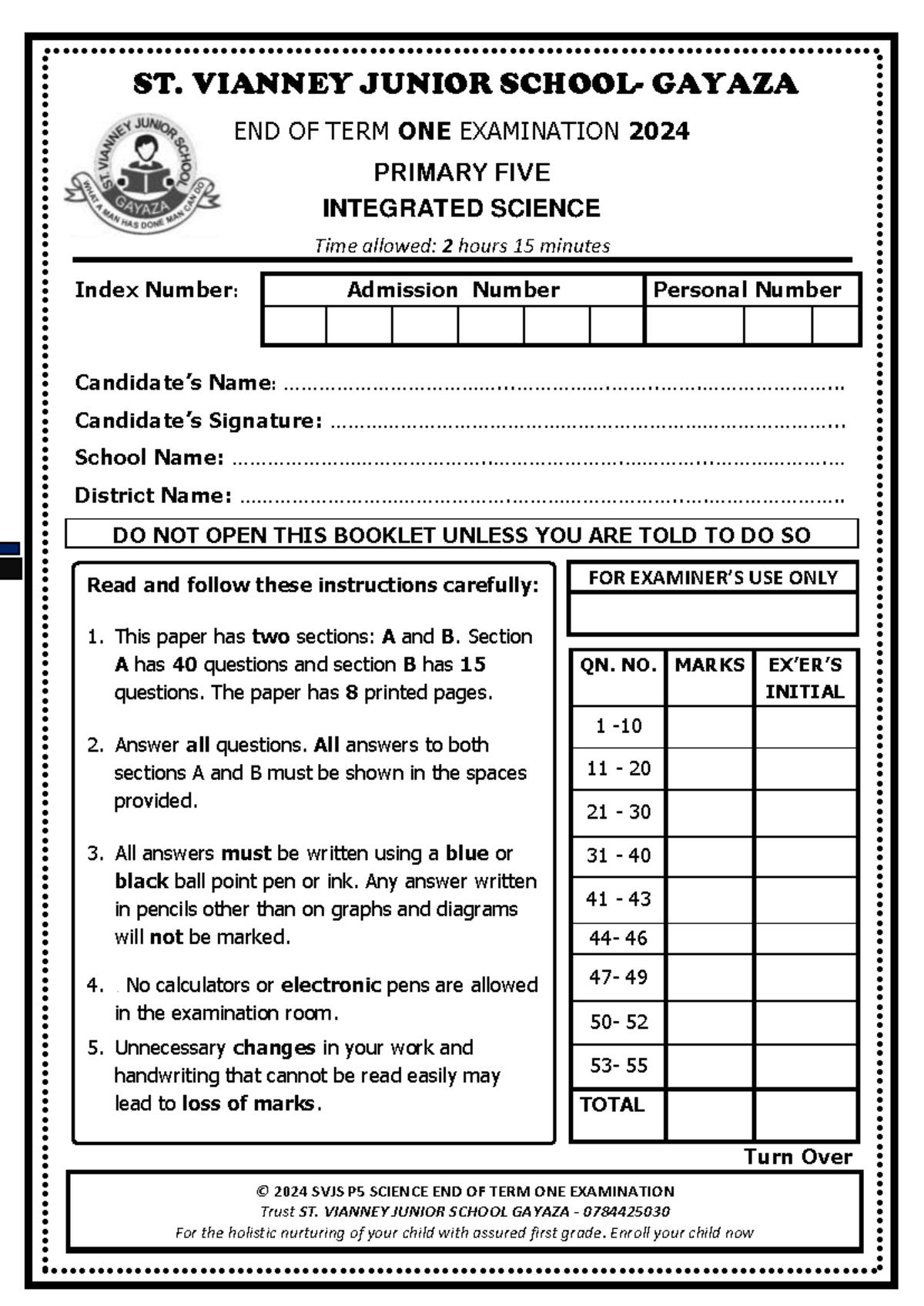 P5 Integrated Science End of Term 1 Exam 2024 - Final Assessment - Studocu