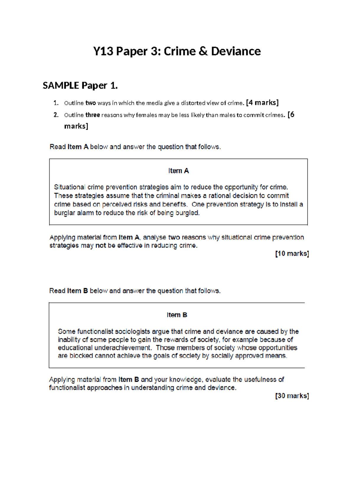 Y13 Paper 3: Crime & Deviance Exam Questions 2017 - Studocu