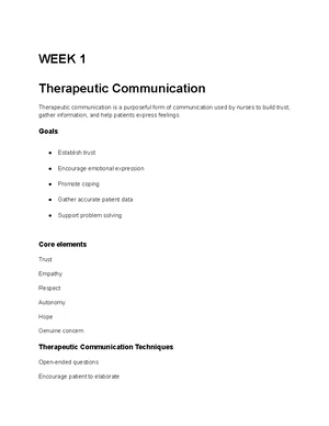 Therapeutic Communication - Study Notes & Assignments - Studocu