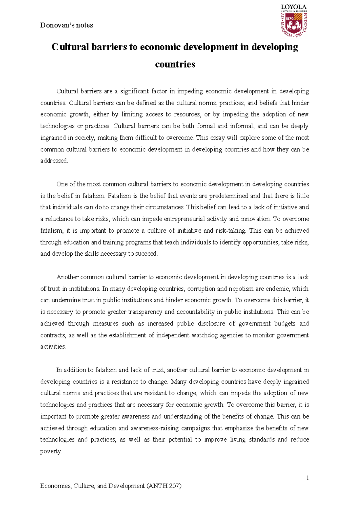 Cultural Barriers to Economic Development in Developing Countries (ANTH ...