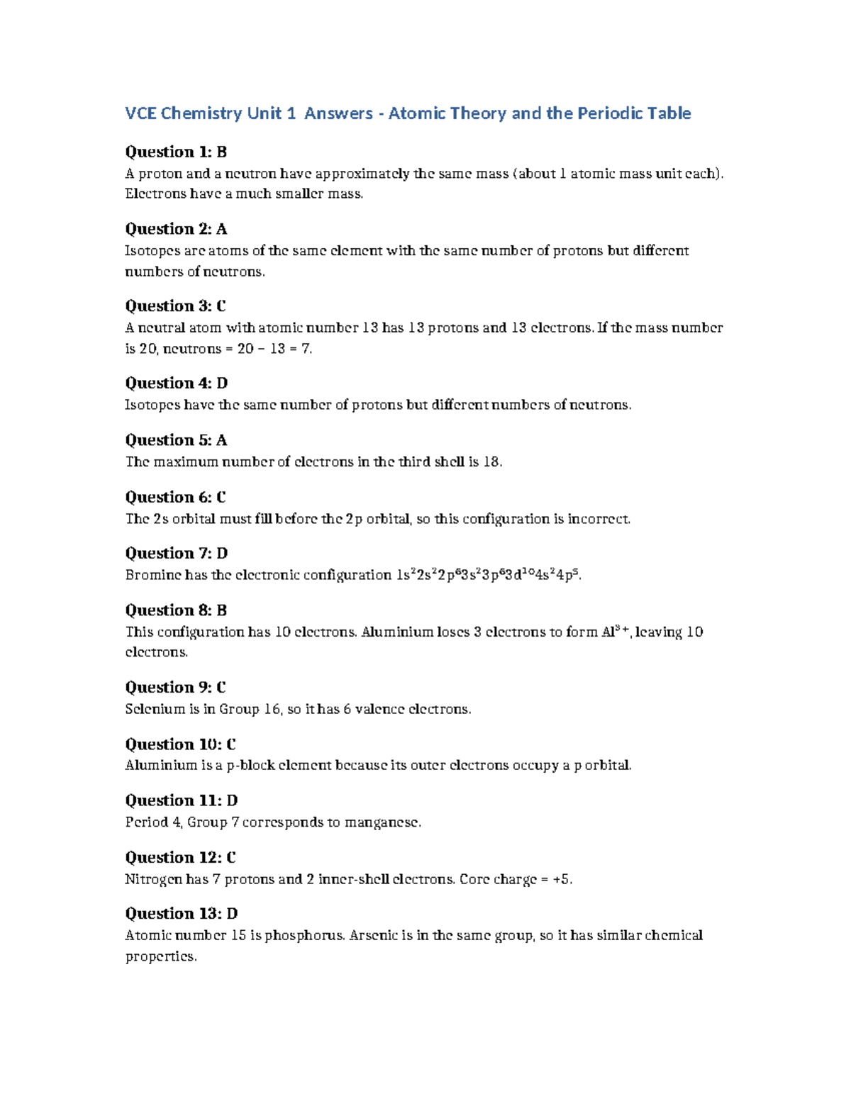 Unit 1 - Chapter 1 Answers: Atomic Theory & Periodic Table - Studocu