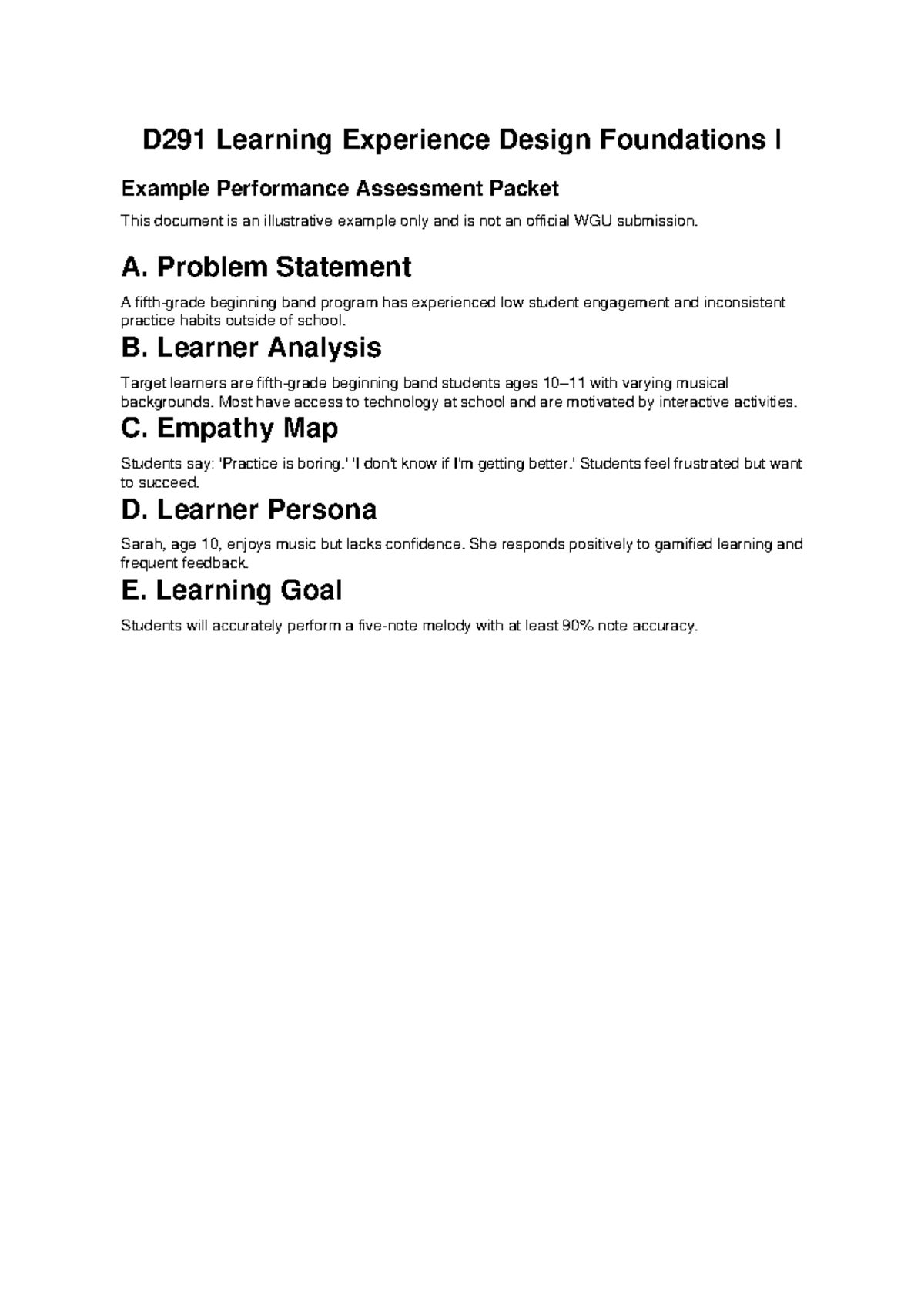 D291 Learning Experience Design: Example Performance Assessment Packet ...