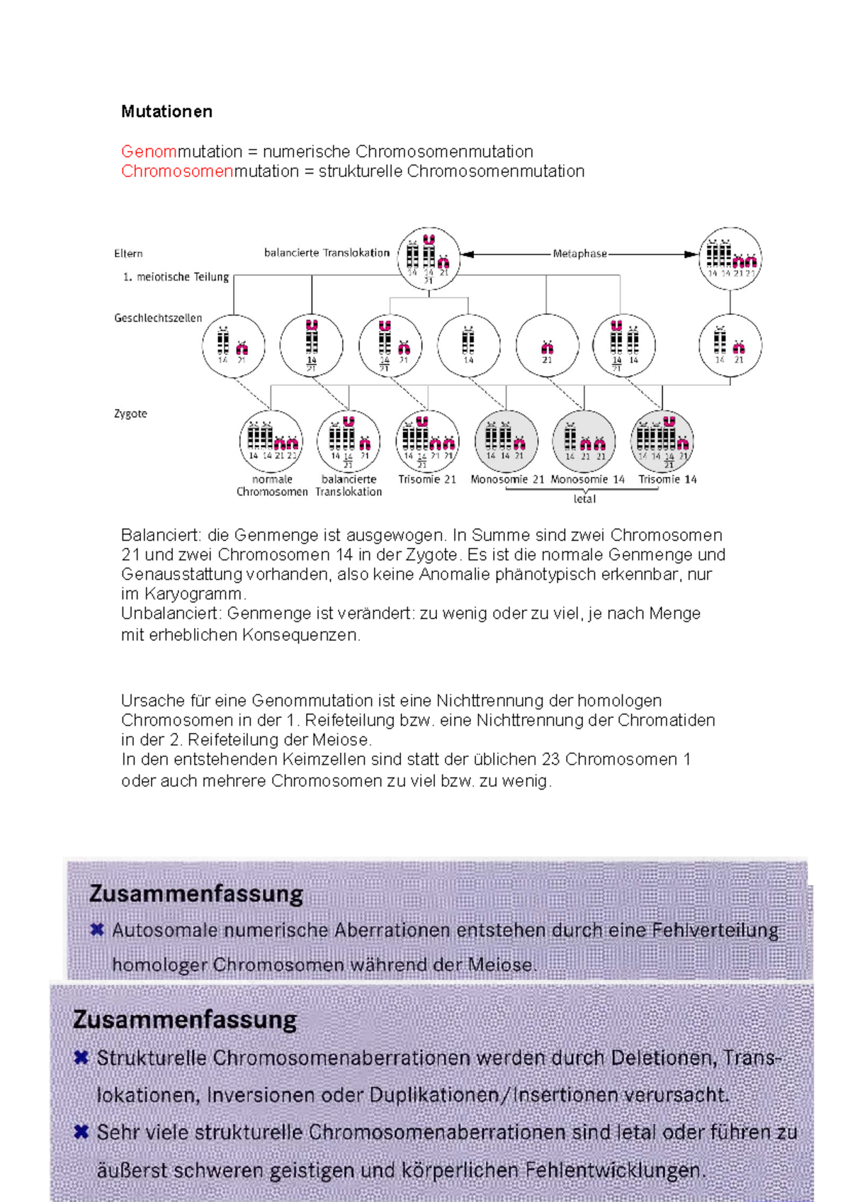 Bio KA Zusammenfassung 12 - Mutationen Genommutation = numerische ...