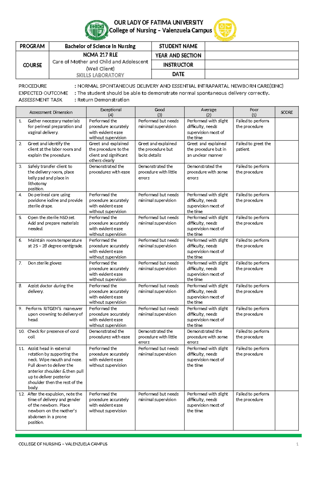 NCMA 217 RLE: Normal Spontaneous Delivery & EINC Rubric - Studocu