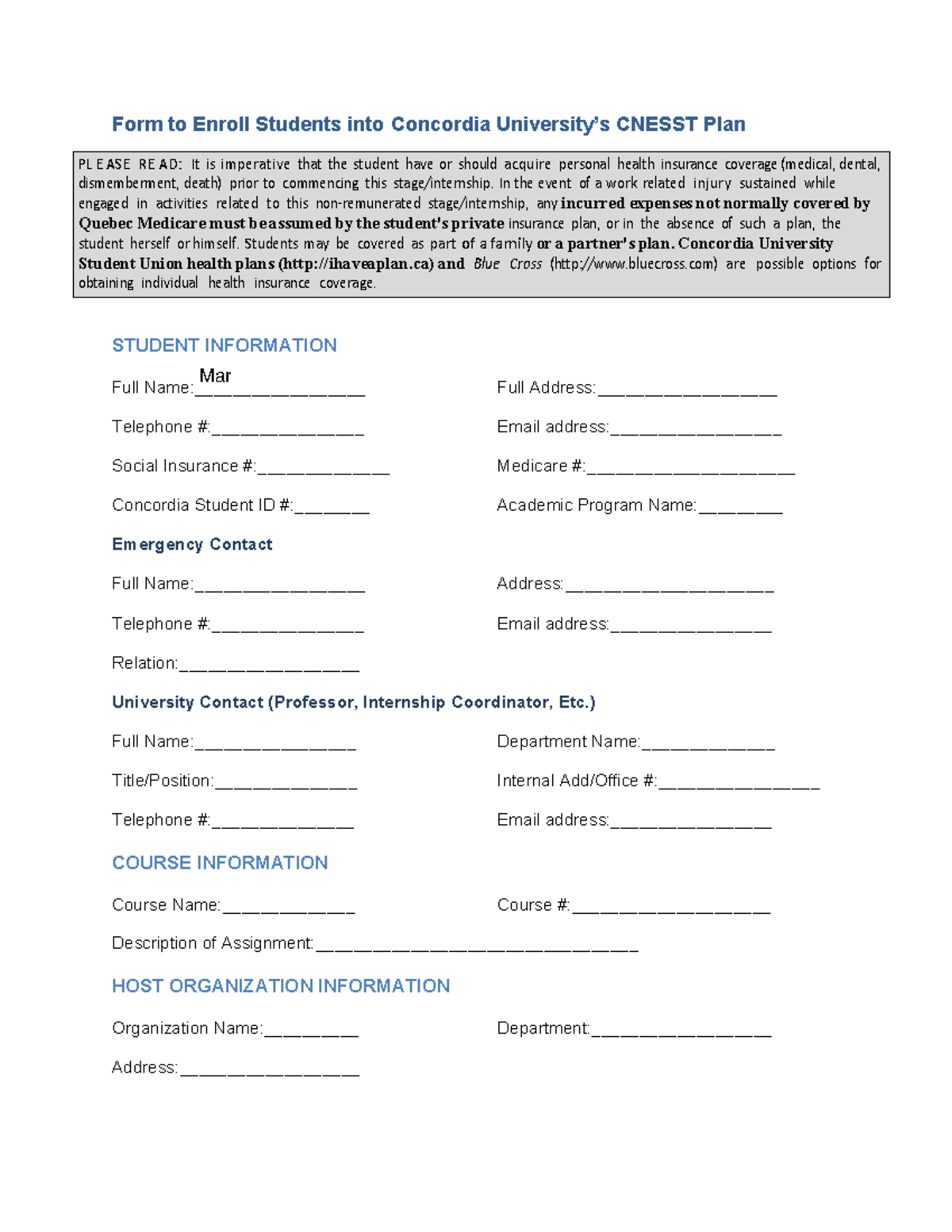 Concordia CNESST Plan Enrollment Form for Students - Studocu