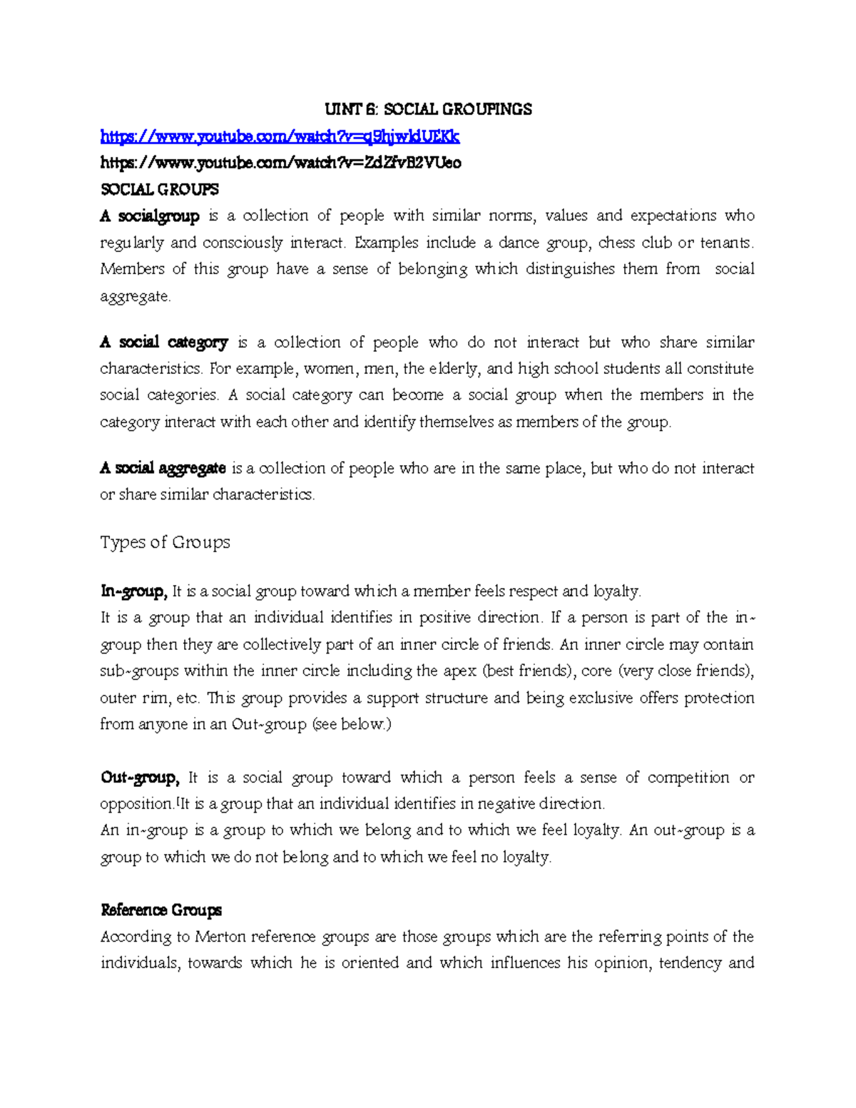 UINT 6: Social Groups - Lecture Notes in Sociology and Their Dynamics ...
