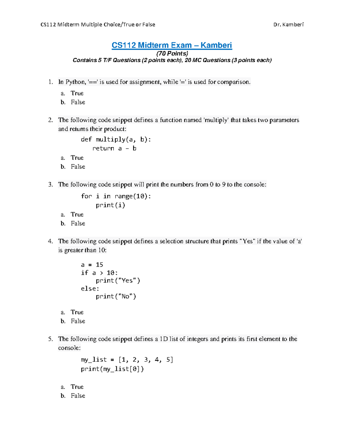Midterm Kamberi SP23 - CS112 Midterm Exam – Kamberi (70 Points ...
