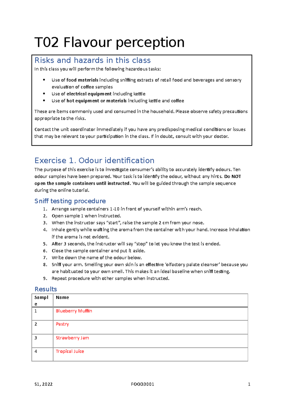 Tutorial 2 Worksheet - T02 Flavour perception Risks and hazards in this ...