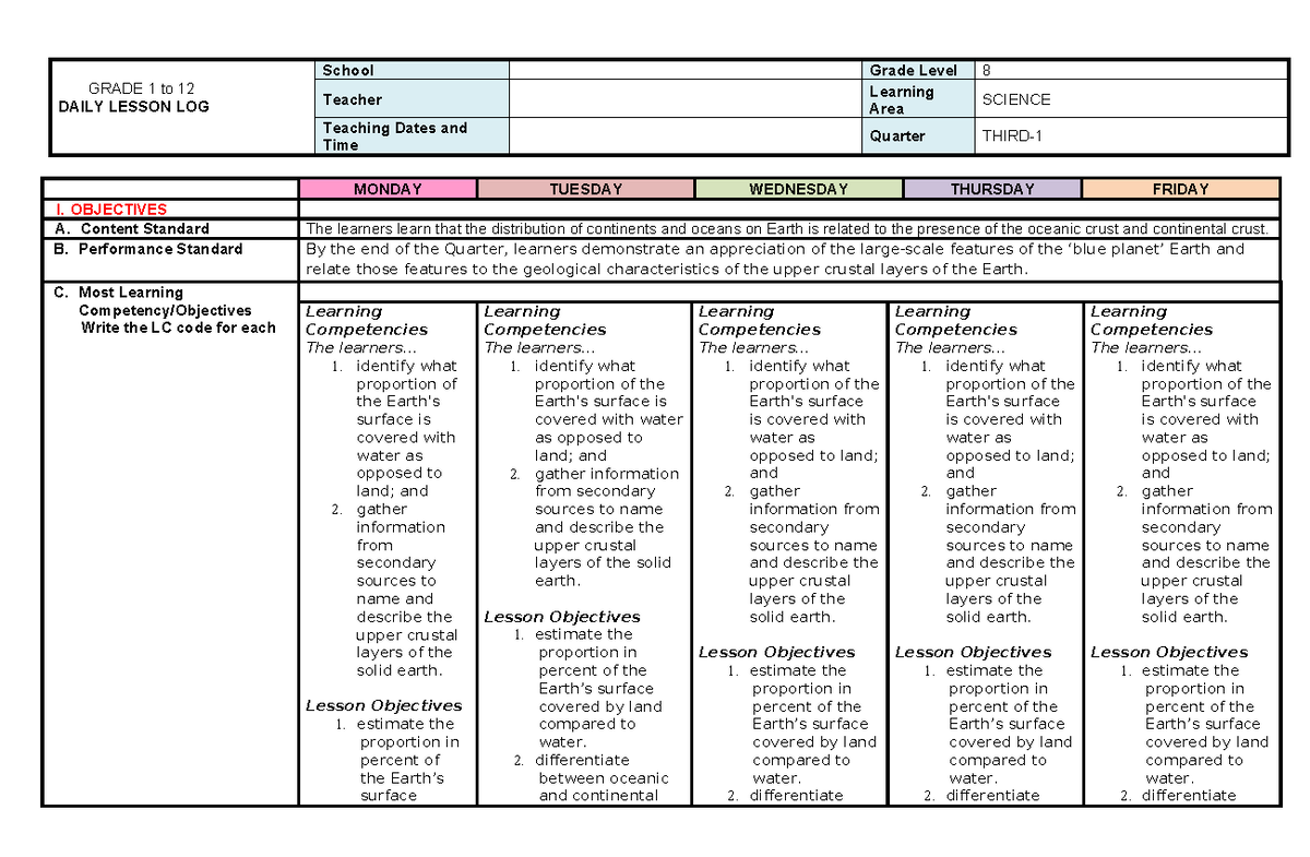 DLL - Science Lesson Log for Grades 1-12, Quarter 3, Week 1 - Studocu
