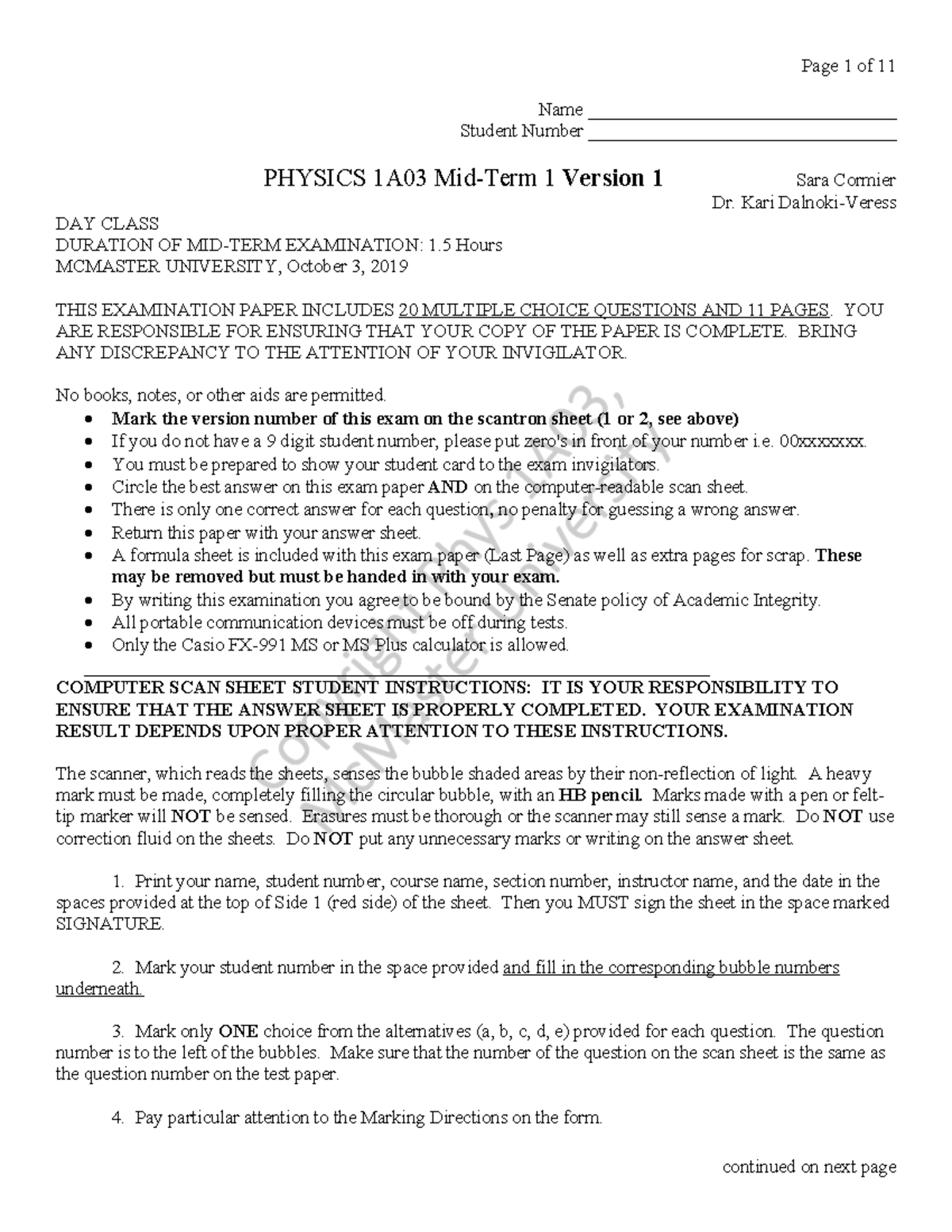 PHYSICS 1A03 F19 Midterm Exam Version 1 Answers - Studocu