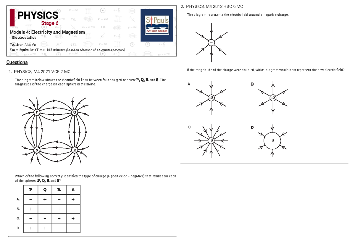 Electrostatics Practice Questions - PHYSICS M4 2023 VCE - Studocu