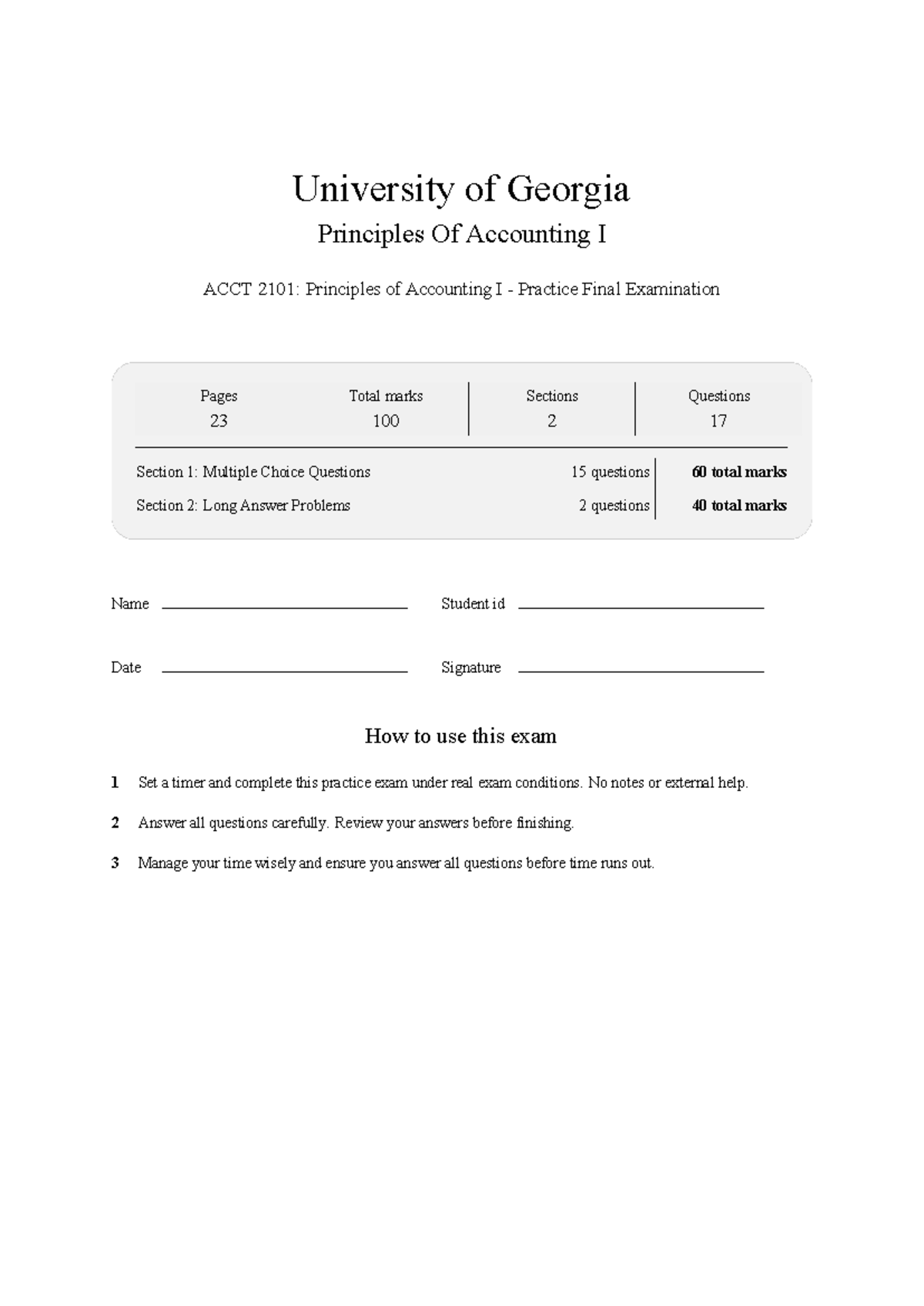 ACCT 2101 Principles of Accounting I UGA Practice Final Exam 2026 - Studocu