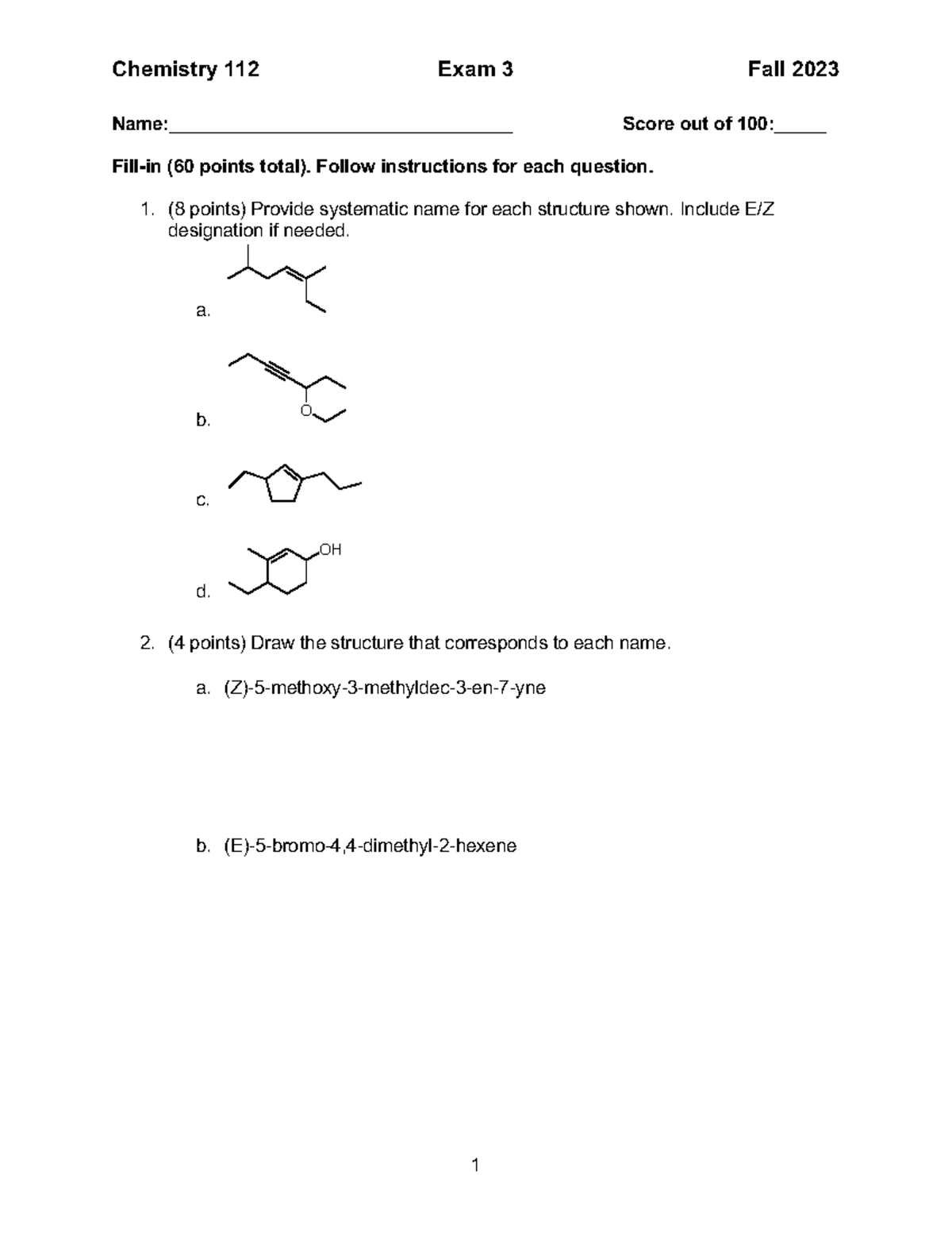 Chemistry 112 Exam 3 Study Guide Fall 2023 - Name ...