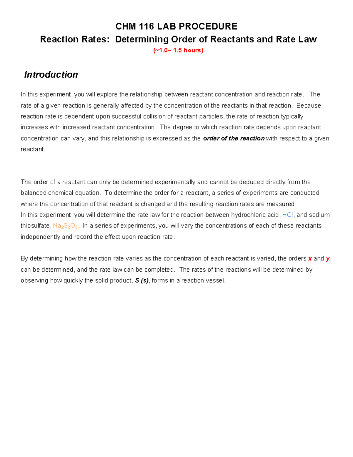 CHM 116 Lab: Reaction Rates & Rate Law Determination Procedure - Studocu