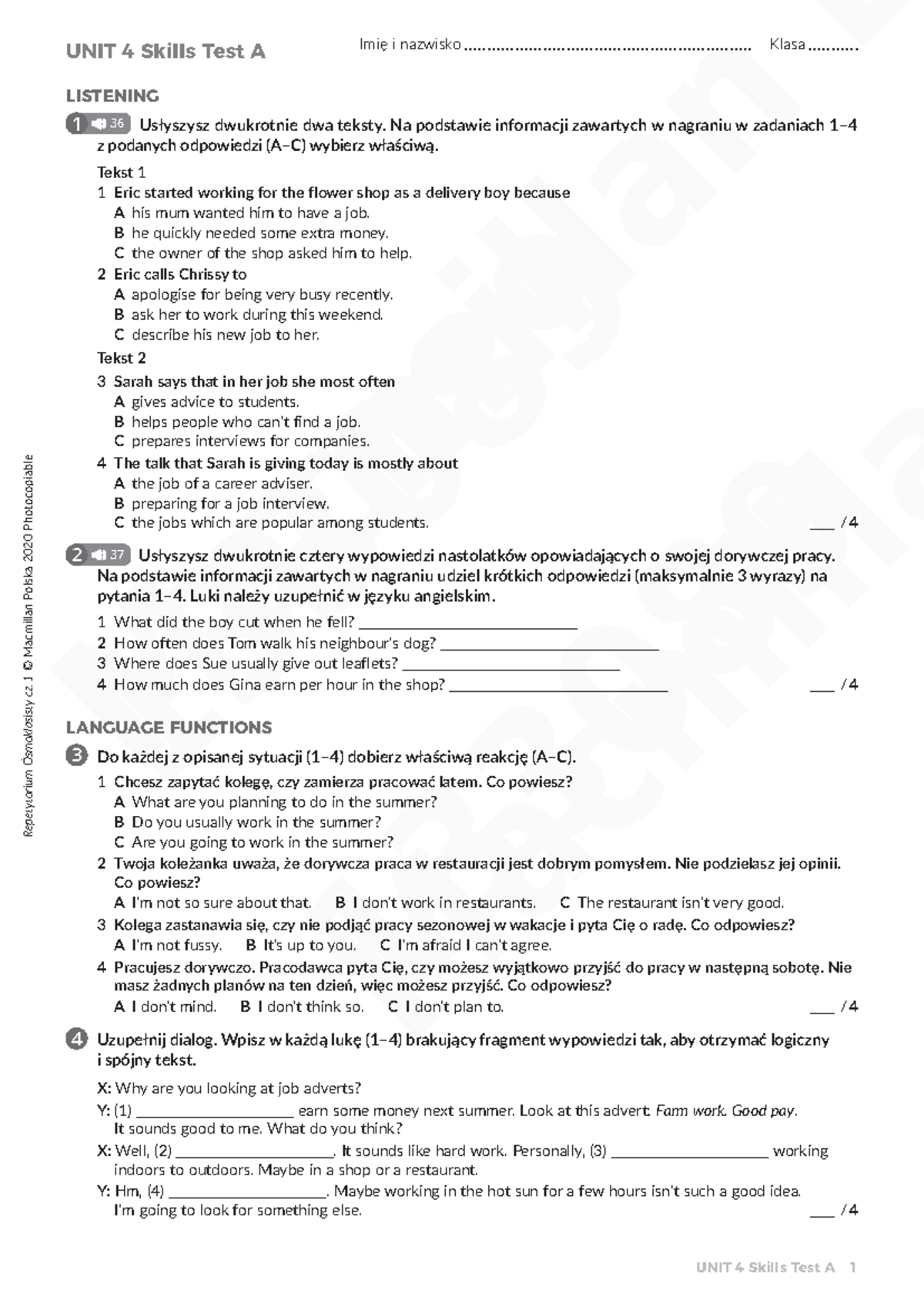UNIT 4 Skills Test A - Listening & Reading Comprehension - Studocu