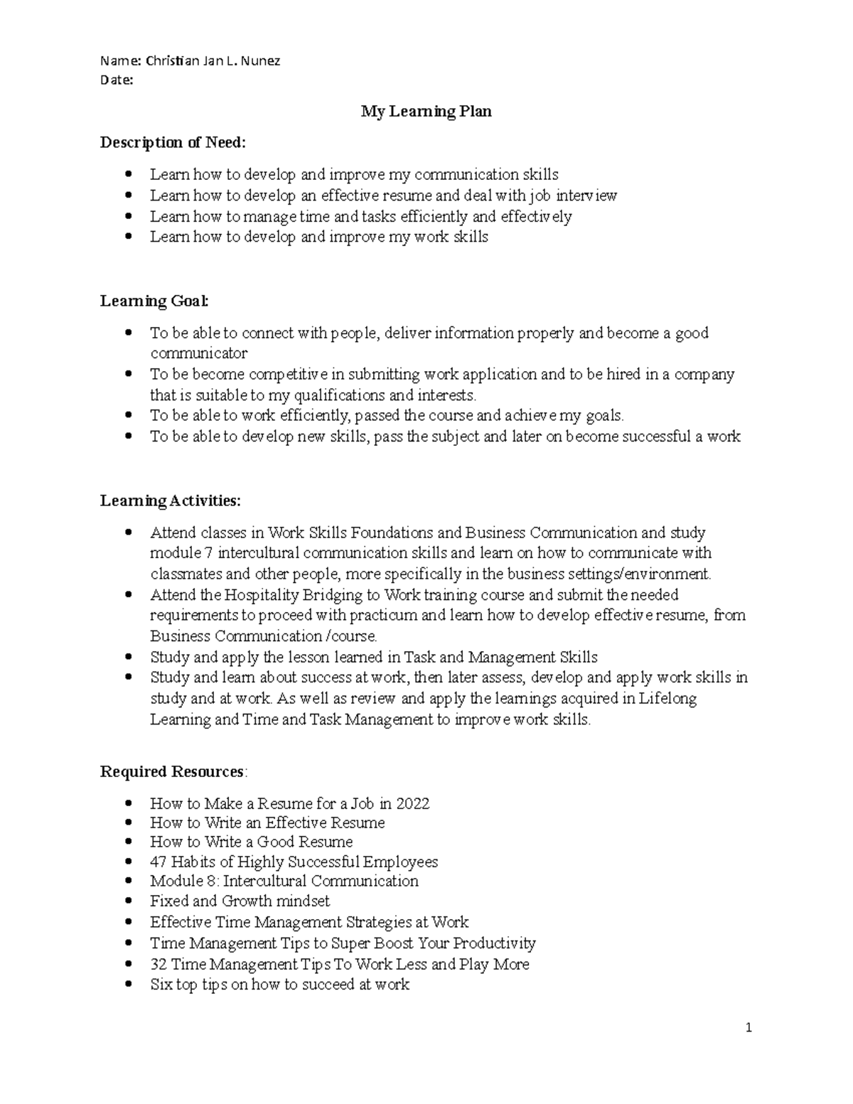 My Learning Plan: Communication and Work Skills Development - Studocu
