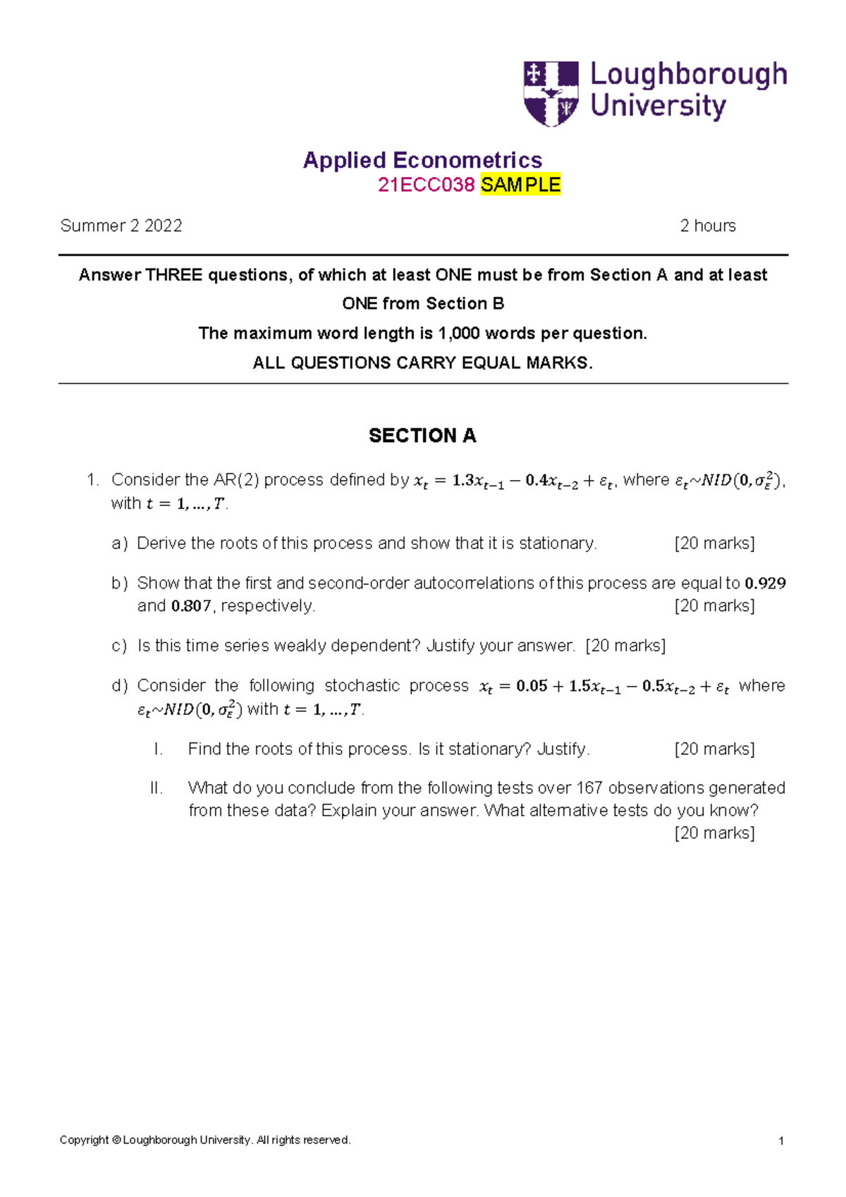 Applied Econometrics 21ECC038 Sample Exam Paper - Summer 2022 - Studocu