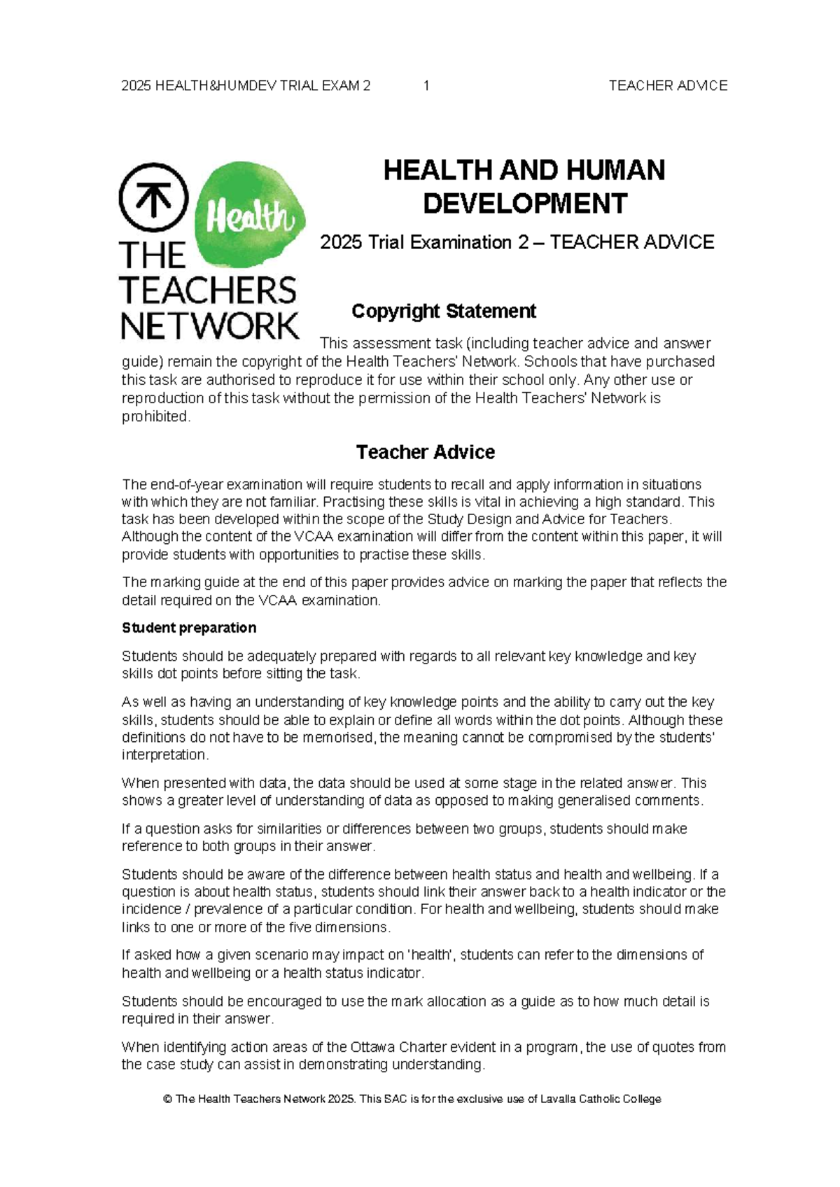 2025 Health and Human Development Trial Exam 2 - Teacher Advice - Studocu