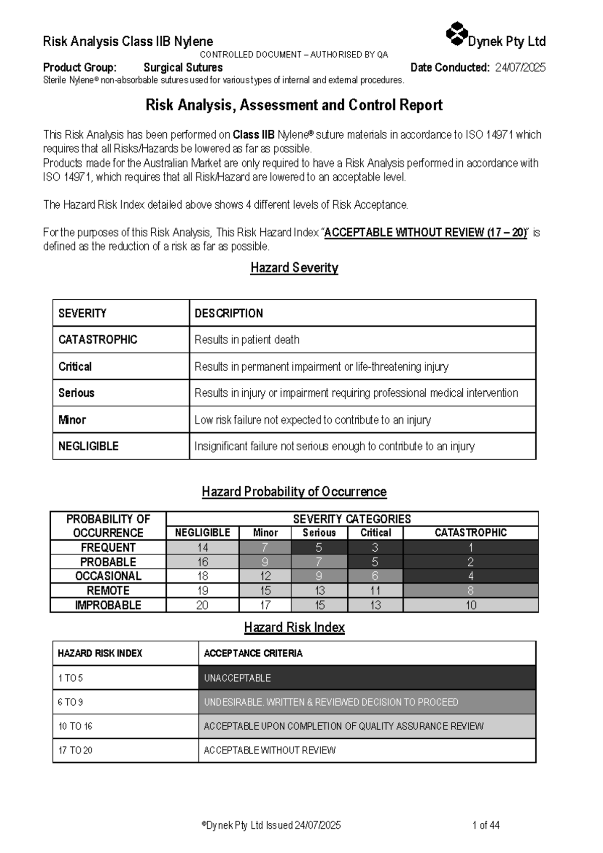 Risk Analysis Report for Class IIB Surgical Sutures - Nylene Dynek Pty ...