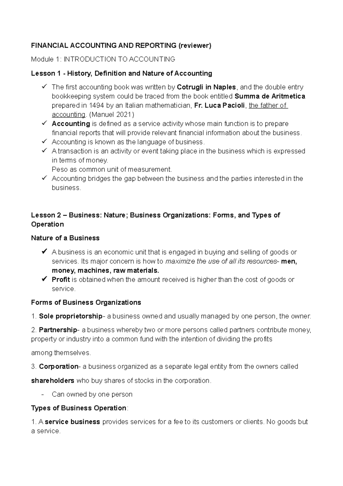 FAR Reviewer: Preliminary Topics for 1st Semester Exam - Studocu