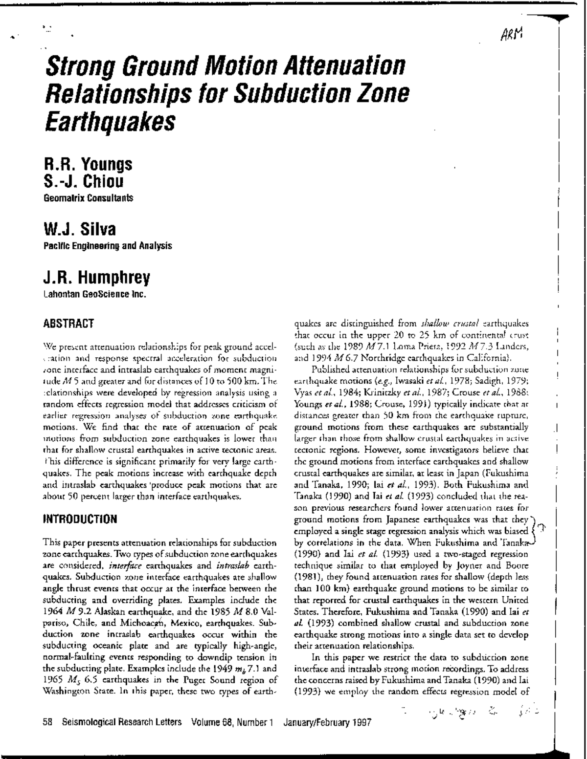 ARM Strong Ground Motion Attenuation for Subduction Zone Earthquakes ...