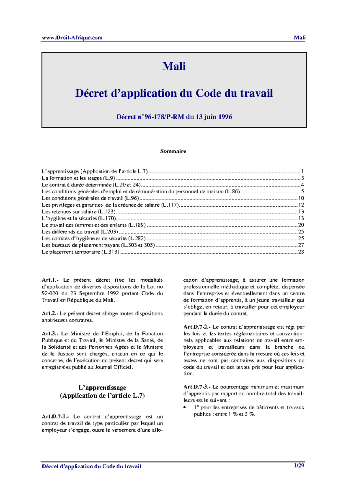 Décret d'Application du Code du Travail au Mali - 1996 - Studocu