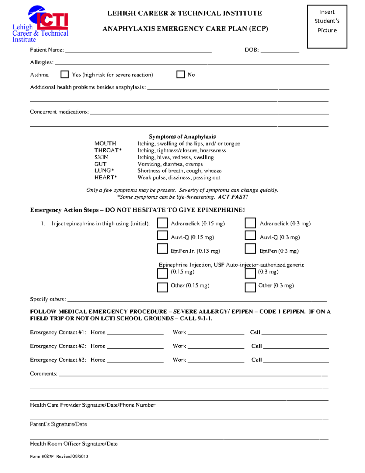 Anaphylaxis Emergency Care Plan - LEHIGH CAREER & TECHNICAL INSTITUTE ...