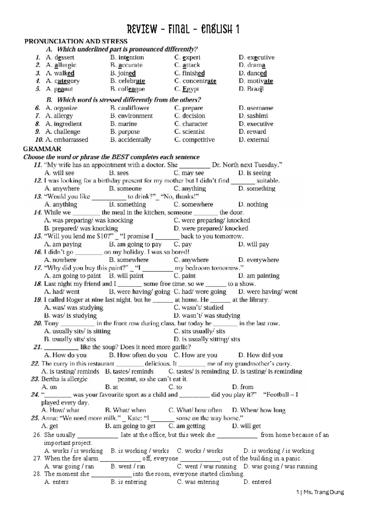 REVIEW Final Exam English 1: Practice Questions and Answers - Studocu