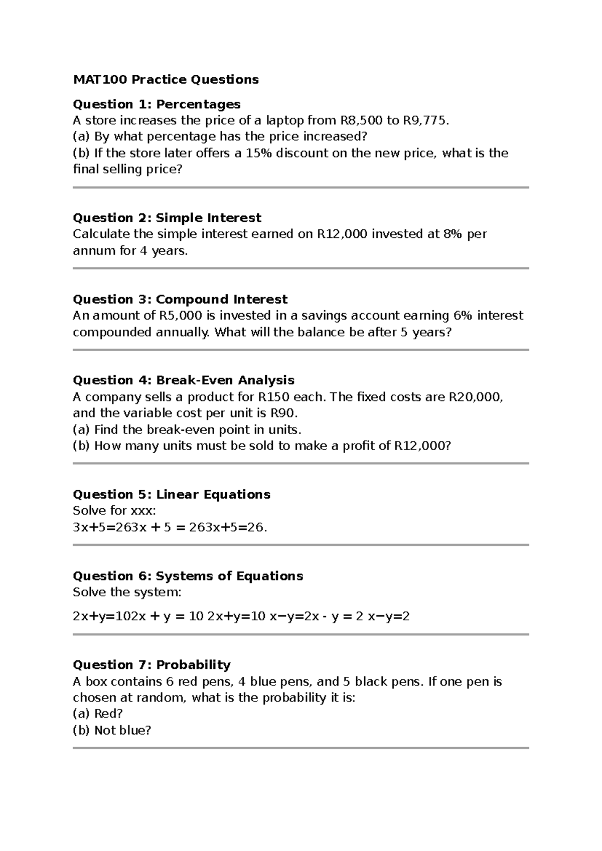 MAT100 Practice Questions: Percentages, Interest, Equations ...
